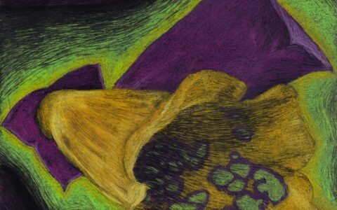 An oil pastel abstract art piece of a fox glove flower glowing spring green with purple leaves, goldenrod petals, and green spots outlined in purple.