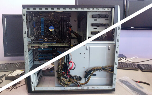 A photo of the left and right sides of a desktop computer separated diagonally by a white line, showcasing the cable management performed.