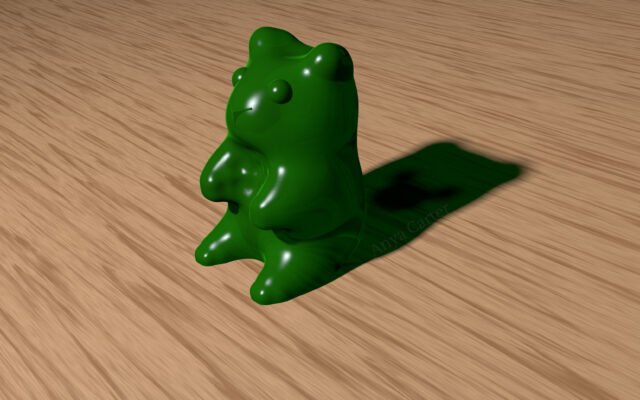 A 3D render of a green gummy bear with a hamster-like nose and beady, little eyes.