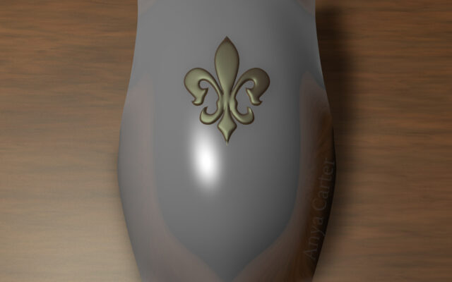 A 3D rendering of a medieval steel breastplate with a brass fleur de lis design at the center.